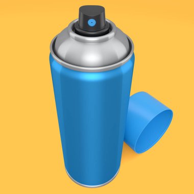 Sarı arka planda izole edilmiş sprey boya kutusu. 3D render sprey boya şişesi ve şeker kutusu.