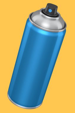 Sarı arka planda izole edilmiş sprey boya kutusu. 3D render sprey boya şişesi ve şeker kutusu.