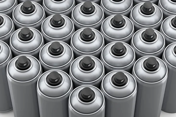 Uppsättning Silver Sprayfärg Burkar Rad Vit Bakgrund Render Sprayfärg Flaska — Stockfoto