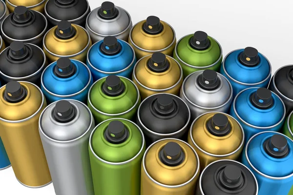 Set Colorful Spray Paint Cans Row White Background Render Spray — 스톡 사진