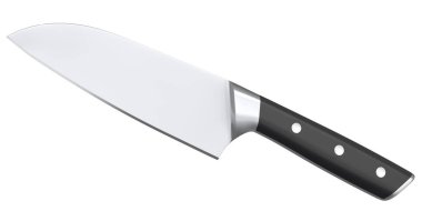 Şefin mutfak bıçağı beyaz arka planda izole edilmiş ahşap saplı. 3 boyutlu Santoku bıçağı ya da profesyonel mutfak gereçleri.