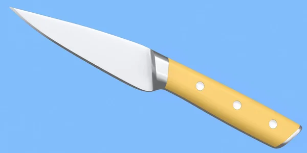 Chef\'s kitchen knife with a wooden handle isolated on blue background. 3d render of butcher knife or professional kitchen utensils