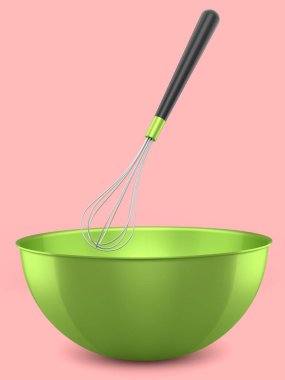 Pembe arka planda izole edilmiş hamur hazırlamak için çırpılmış metal kase. Aşçılık, harmanlama ve karıştırma için 3D pişirme süreci adım adım ve aksesuarları