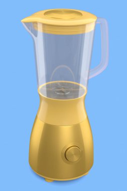 Mavi arka planda izole edilmiş sağlıklı meyve suyu yapmak için elektrikli blender. Yemek pişirmek için 3D mutfak aleti