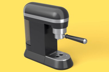 Espresso coffee machine with a horn on yellow background. 3d render of coffee pot for making latte coffee
