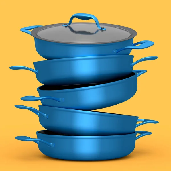Набор Посуды Нержавеющей Стали Хромированной Алюминиевой Посуды Желтом Фоне Рендеринг — стоковое фото