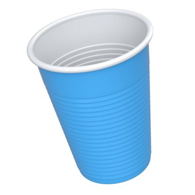 Plastic disposable party cup isolated on white background. 3d render of take away glass for juice, fresh, beer
