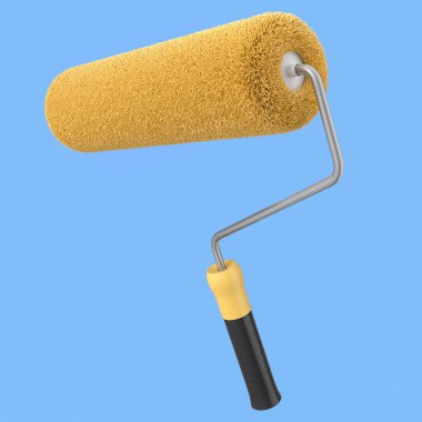 Duvarları boyamak ve mavi arka plandaki daireyi yenilemek için boya silindiri. 3D render konsepti oda onarımı ve yenileme pankartı