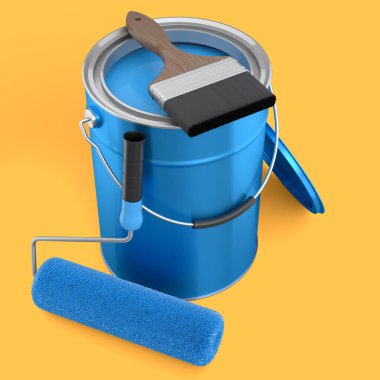 Sarı arka plandaki duvarları boyamak için boya silindirli metal teneke ya da kovaları açın. 3D yenileme konsepti ve DIY onarımı