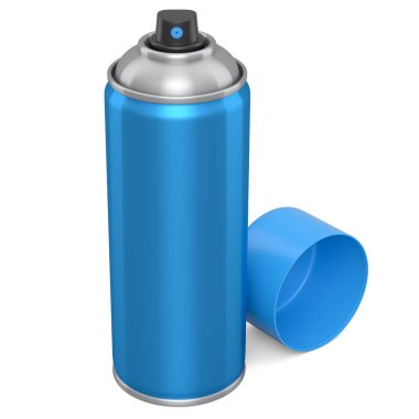 Beyaz arka planda izole edilmiş sprey boya kutusu. 3 boyutlu sprey boya şişesi ve beyaz arka planda izole edilmiş sprey boya kutusu. 3D render sprey boya şişesi ve şeker kutusu.