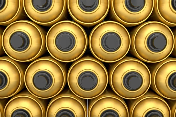 Beyaz arka planda altın rengi sprey boya kutuları. 3 boyutlu sprey boya şişesi ve beyaz arka planda izole edilmiş sprey boya kutusu. 3D render sprey boya şişesi ve şeker kutusu.