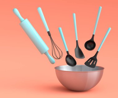 Metal bowl with kitchen utensil for preparation of dough on coral background. 3d render cooking process step by step and accessories for cooking, blending and mixing