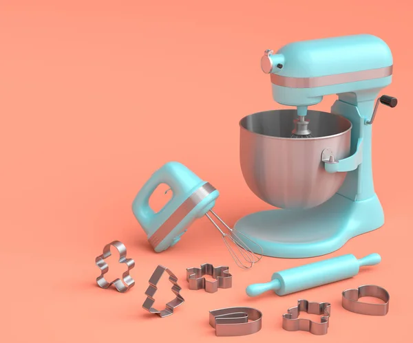 Mixer and hand mixer with kitchen utensil and metal cookie cutters for preparation of dough on coral background. 3d render cooking process step by step and accessories for cooking, blending and mixing