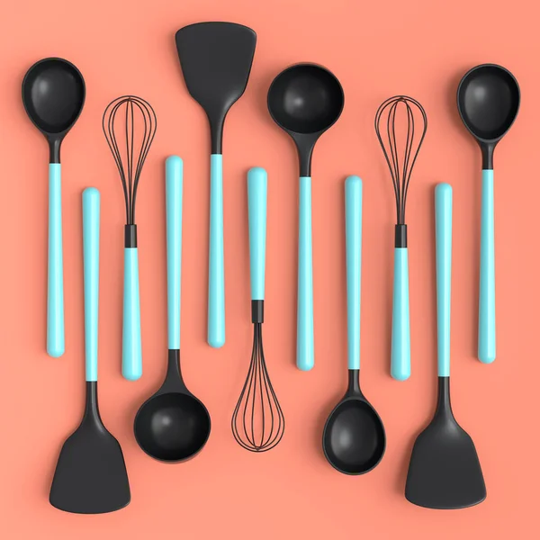 Wooden kitchen utensils, tools and equipment on coral background. 3d render of home kitchen tools and accessories for cooking