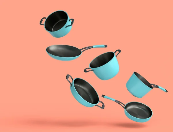 Set Flying Stainless Steel Stewpot Frying Pan Chrome Plated Aluminum — 图库照片