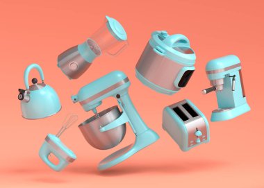 Mercan zemin üzerinde kahvaltı hazırlamak için elektrikli mutfak aletleri ve aletleri. Pişirme, pişirme, karıştırma ve kırbaçlama için 3D mutfak gereçleri