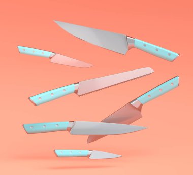 Mercan zemininde ahşap saplı ahşap mutfak bıçakları. 3 boyutlu kasap bıçağı ya da profesyonel mutfak aletleri.