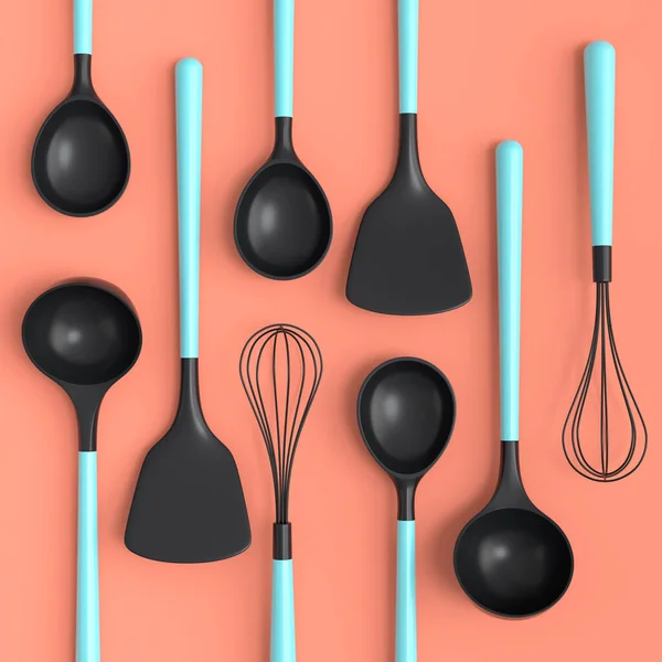 Wooden kitchen utensils, tools and equipment on coral background. 3d render of home kitchen tools and accessories for cooking