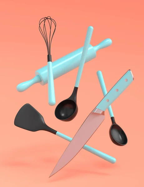 Wooden kitchen utensils, tools and equipment on coral background. 3d render of home kitchen tools and accessories for cooking