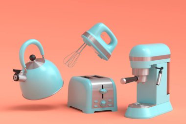 Espresso coffee machine, hand mixer, kettle and toaster for preparing breakfast on coral background. 3d render of coffee pot for making latte coffee