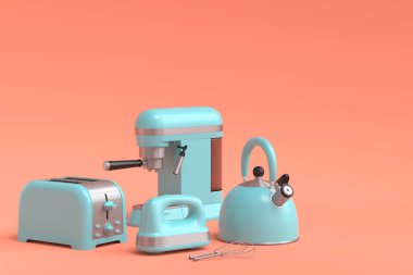 Espresso kahve makinesi, el mikseri, çaydanlık ve tost makinesi mercan zemin üzerinde kahvaltı hazırlamak için. Kahve yapmak için 3D kahve demliği.