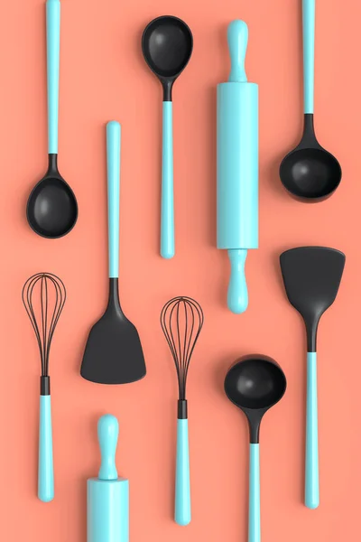 Wooden kitchen utensils, tools and equipment on coral background. 3d render of home kitchen tools and accessories for cooking