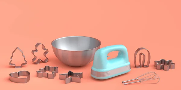 Metal bowl with electric mixer kitchen appliance for mixing and blending and cookie cutters on coral background. 3d render of home kitchen tools and accessories for cooking, blending and mixing