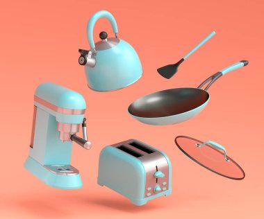 Espresso kahve makinesi, el mikseri, çaydanlık ve tost makinesi mercan zemin üzerinde kahvaltı hazırlamak için. Kahve yapmak için 3D kahve demliği.