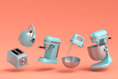 Espresso kahve makinesi, el mikseri, çaydanlık ve tost makinesi mercan zemin üzerinde kahvaltı hazırlamak için. Kahve yapmak için 3D kahve demliği.