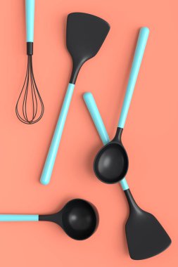 Ahşap mutfak aletleri, mercan arka planda aletler ve ekipmanlar. Ev yapımı mutfak aletleri ve yemek pişirmek için aksesuarlar