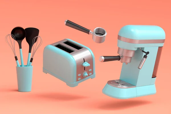 Espresso Coffee Machine Horn Toaster Preparing Breakfast Coral Background Render — 스톡 사진