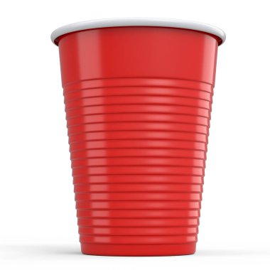 Plastik tek kullanımlık parti bardağı beyaz arka planda izole edilmiş. Meyve suyu, taze, bira için 3D servis bardağı.