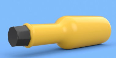 Mavi arka planda izole edilmiş acı biber sosu şişesi. 3 boyutlu Meksika mutfağı malzemesi.