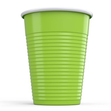 Plastik tek kullanımlık parti bardağı beyaz arka planda izole edilmiş. Meyve suyu, taze, bira için 3D servis bardağı.