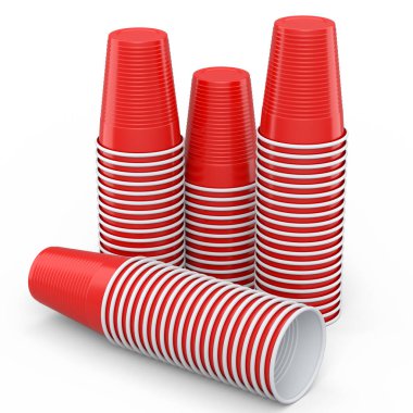 Beyaz arka planda izole edilmiş plastik tek kullanımlık parti bardağı. Meyve suyu, taze, bira için 3D servis bardağı.