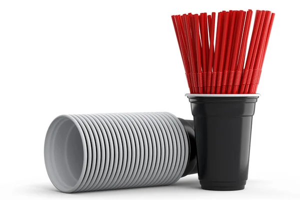 Set Plastic Disposable Party Cups Coffee Fresh Heap Straw White — Stockfoto