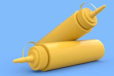 PSet of plastic bottle of italian salsa verde sauce isolated on blue background. 3d render sauce for chicken nuggets and potato wedge flying