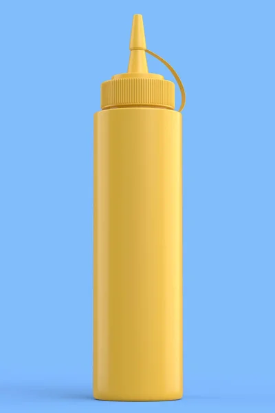 Пластикова Пляшка Гірчичного Соусу Ізольована Синьому Фоні Рендеринговий Соус Курячих — стокове фото