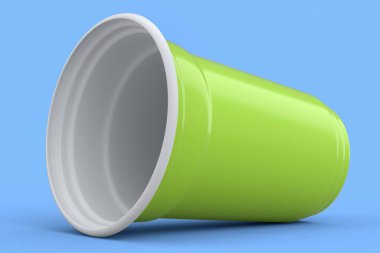 Plastic disposable party cup isolated on blue background. 3d render of take away glass for juice, fresh, beer