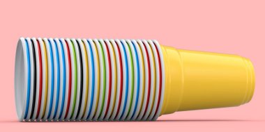 Set of plastic disposable party cup isolated on pink background. 3d render of take away glass for juice, fresh, beer