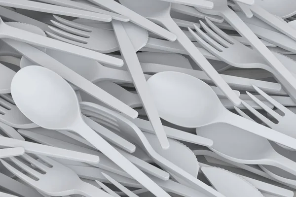 Heap Disposable Utensils Spoon Fork Knife White Background Render Concept — Stok fotoğraf
