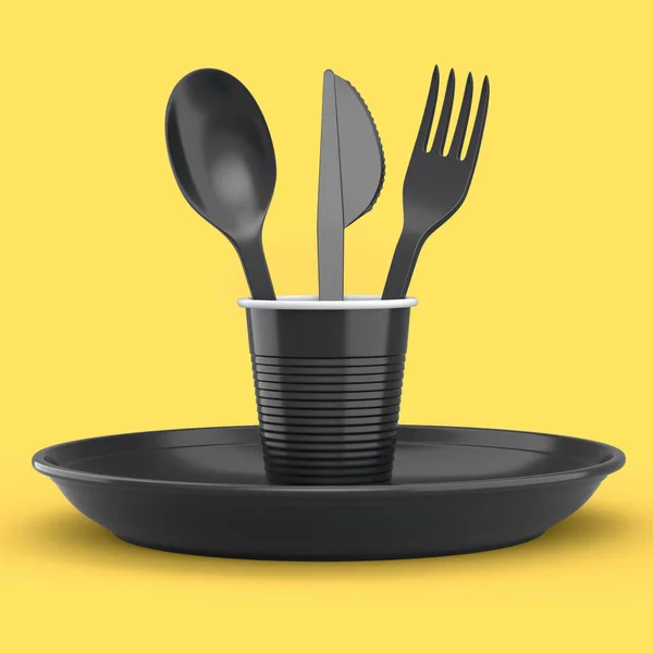 Set of disposable utensils like plate, folk, spoon,knife and cup on yellow background. 3d render concept of save the earth and zero waste