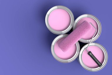 Set of metal cans or buckets with paint roller and brush for painting walls on violet background. 3d render of renovation apartment concept and interior design