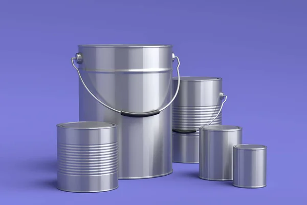 Set Metal Cans Buckets Paint Handle Violet Background Render Renovation — Fotografia de Stock