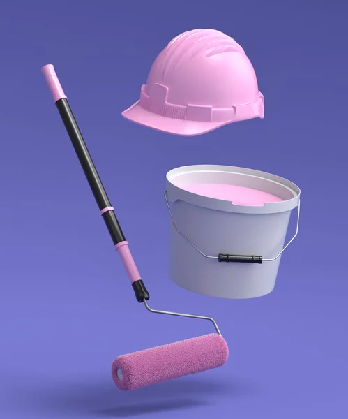 Set Safety Helmet Bucket Paint Rollers Brushes Painting Walls Violet — Stock fotografie