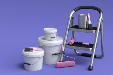 Set of metal cans or buckets with paint roller, brush and folding ladder for painting walls on violet background. 3d render of renovation apartment concept and interior design