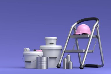 Set of folding ladder, bucket, safety helmet with paint rollers and brushes for painting walls on violet background. 3d render of renovation apartment concept and interior design