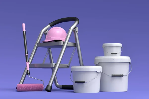 Set of folding ladder, bucket, safety helmet with paint rollers and brushes for painting walls on violet background. 3d render of renovation apartment concept and interior design
