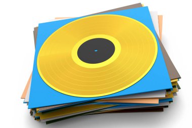 Black vinyl LP record with heap of covers isolated on white background. 3d render of musical long play album disc 33 rpm