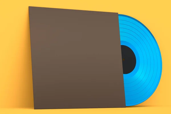 Black vinyl LP record with cover isolated on yellow background. 3d render of musical long play album disc 33 rpm